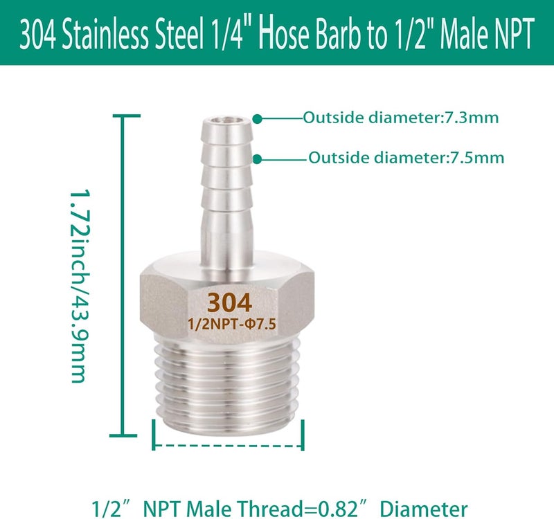 CbeeSo 304 Stainless Steel 1/4" Hose Barb to 1/2" Male NPT Home Brew Fitting Water Fuel Air，lead-free (Pack of 2)… - Image 2